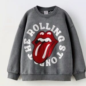 Zara Rolling Stones Sweatshirt Girls Size 9-10 Gray Rhinestone Tongue Graphic
